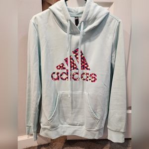 Adidas Light Blue Adidas Pullover Hoodie with Pink Large Logo Size Medium Womens